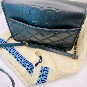 TORY BURCH Savannah Crossbody/Shoulder Bag Quilted Lambskin Leather Black Gold